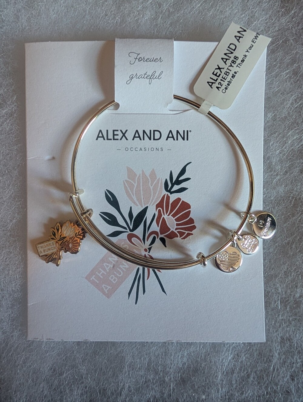 Alex and Ani Silver 'Forever Grateful' Charm Bangle Bracelet with Charms. NWT